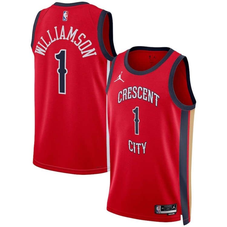 01698732845f88ddcc8MensNewOrleansPelicansZionWilliamsonJordanBrandRed2324SwingmanJerseyStatementEditionMineJerseys New Orleans Pelicans Zion Williamson #1 Red 23/24 Swingman Jersey- Statement Edition - Image 1
